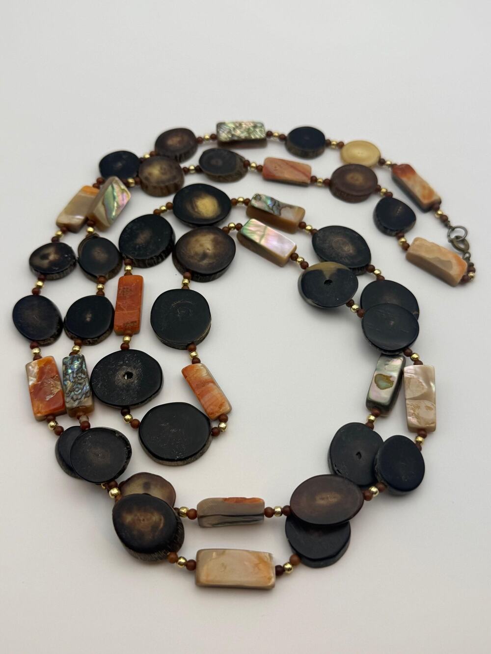 Vintage Horn & Abalone Mother of Pearl Shell Round Flat Bead Necklace